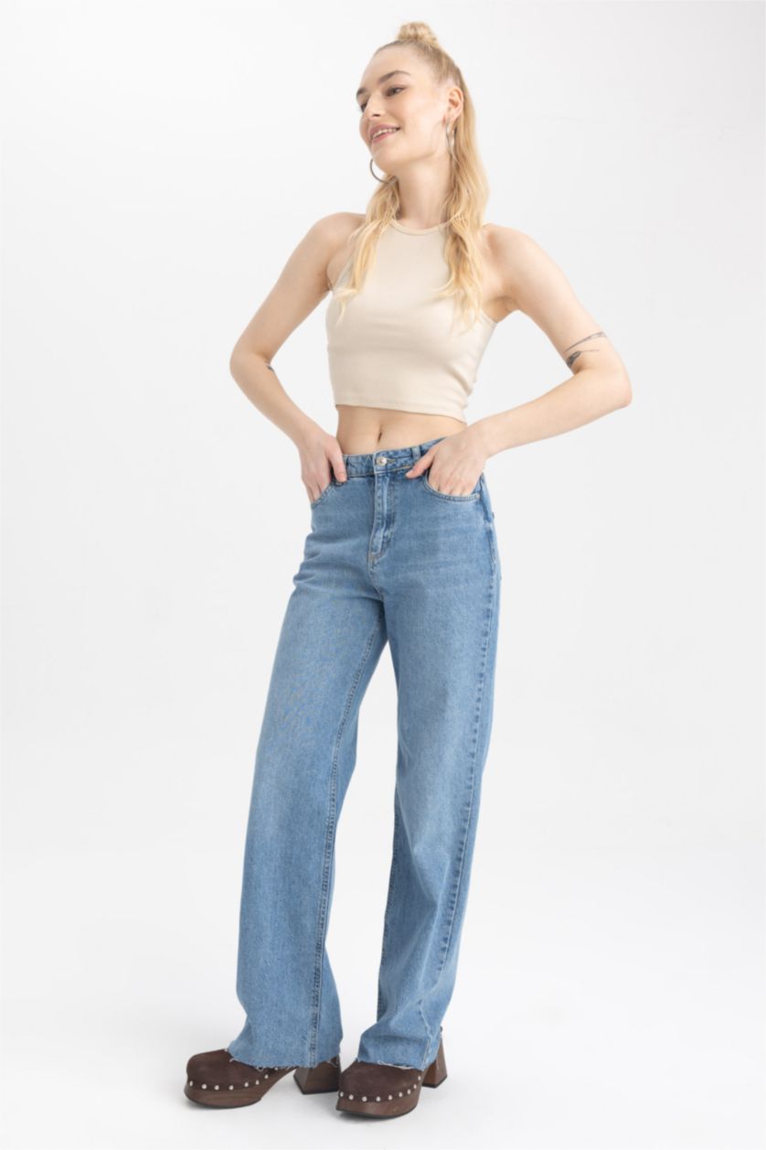 نساء أزرق بنطلون جينز قطن وايد ليج