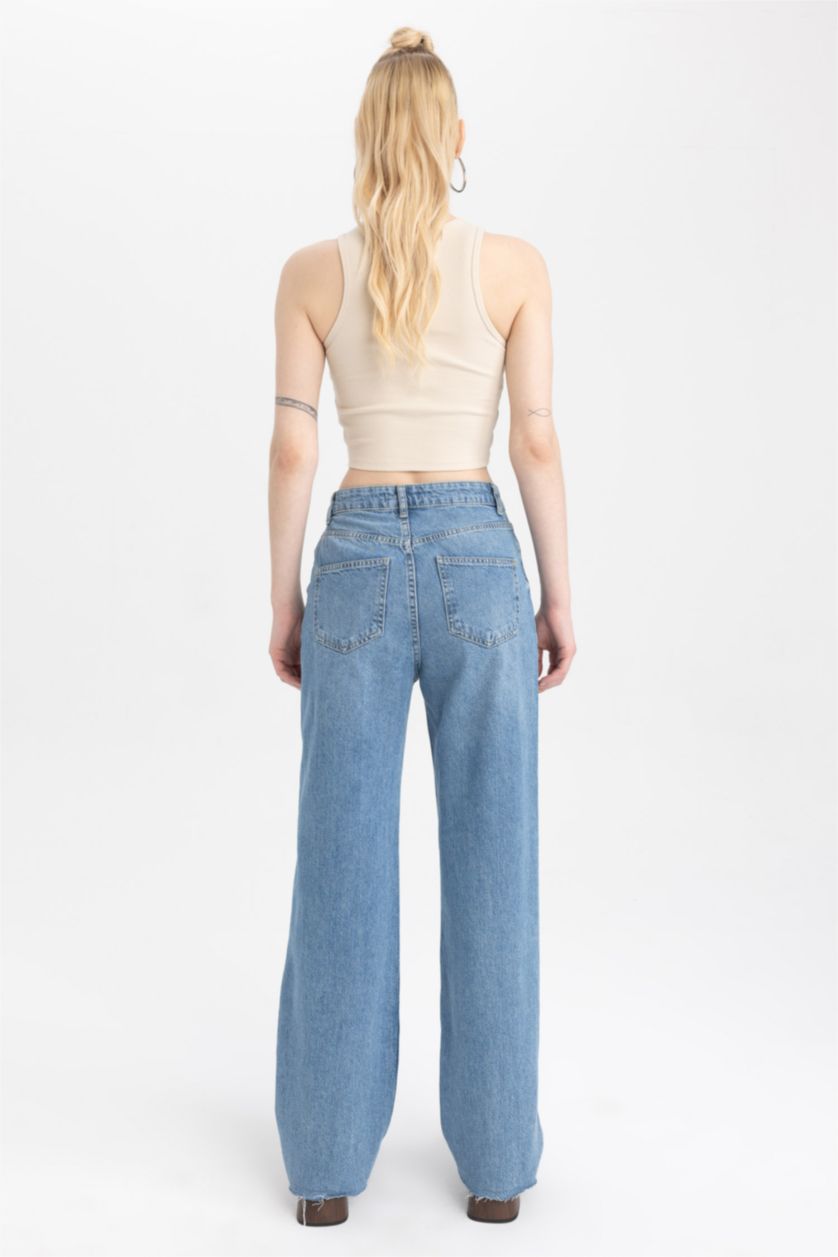 نساء أزرق بنطلون جينز قطن وايد ليج