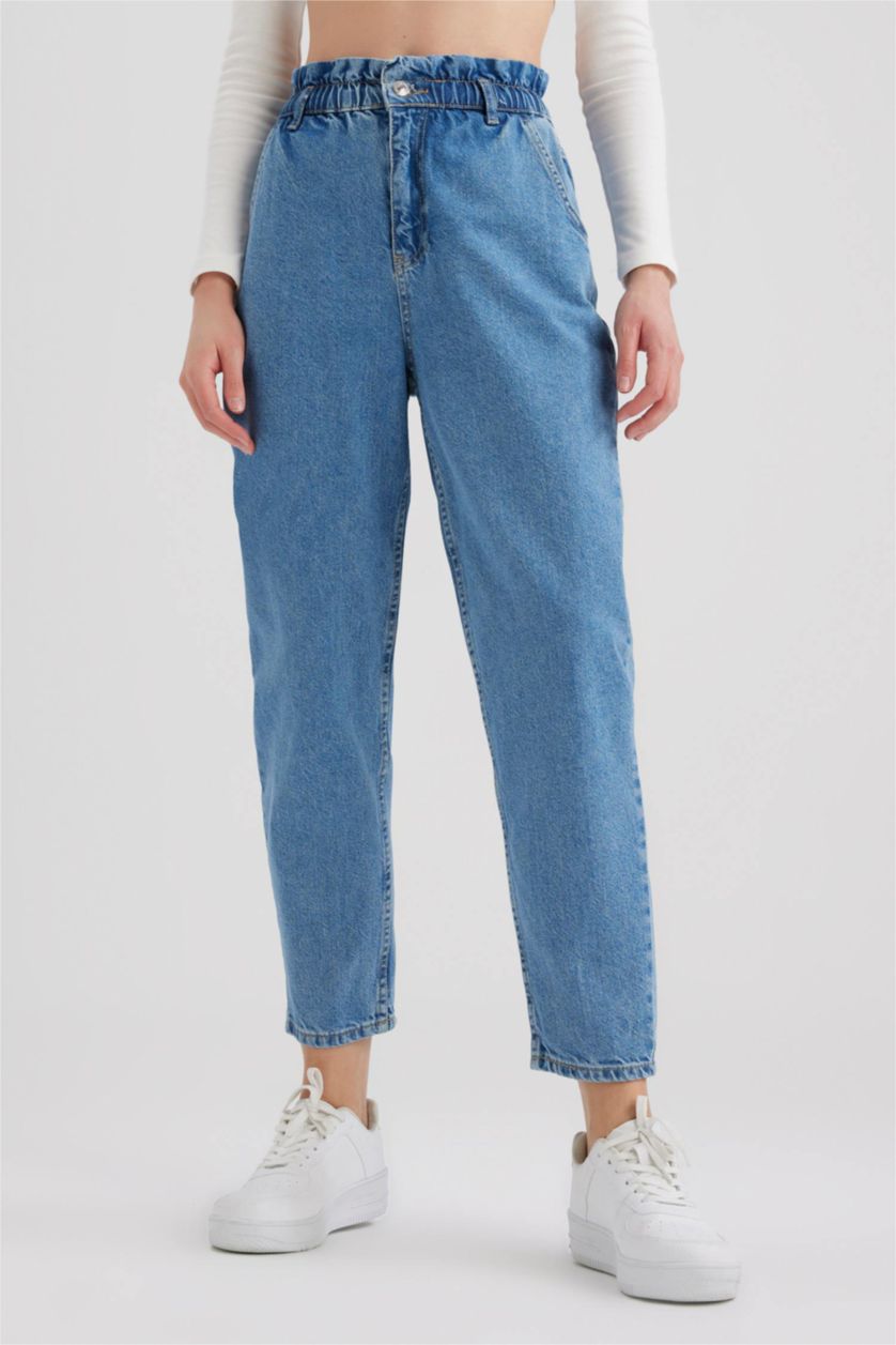 WOMAN Blue Paperbag Short Leg Jean Crop Fit Cotton Trousers