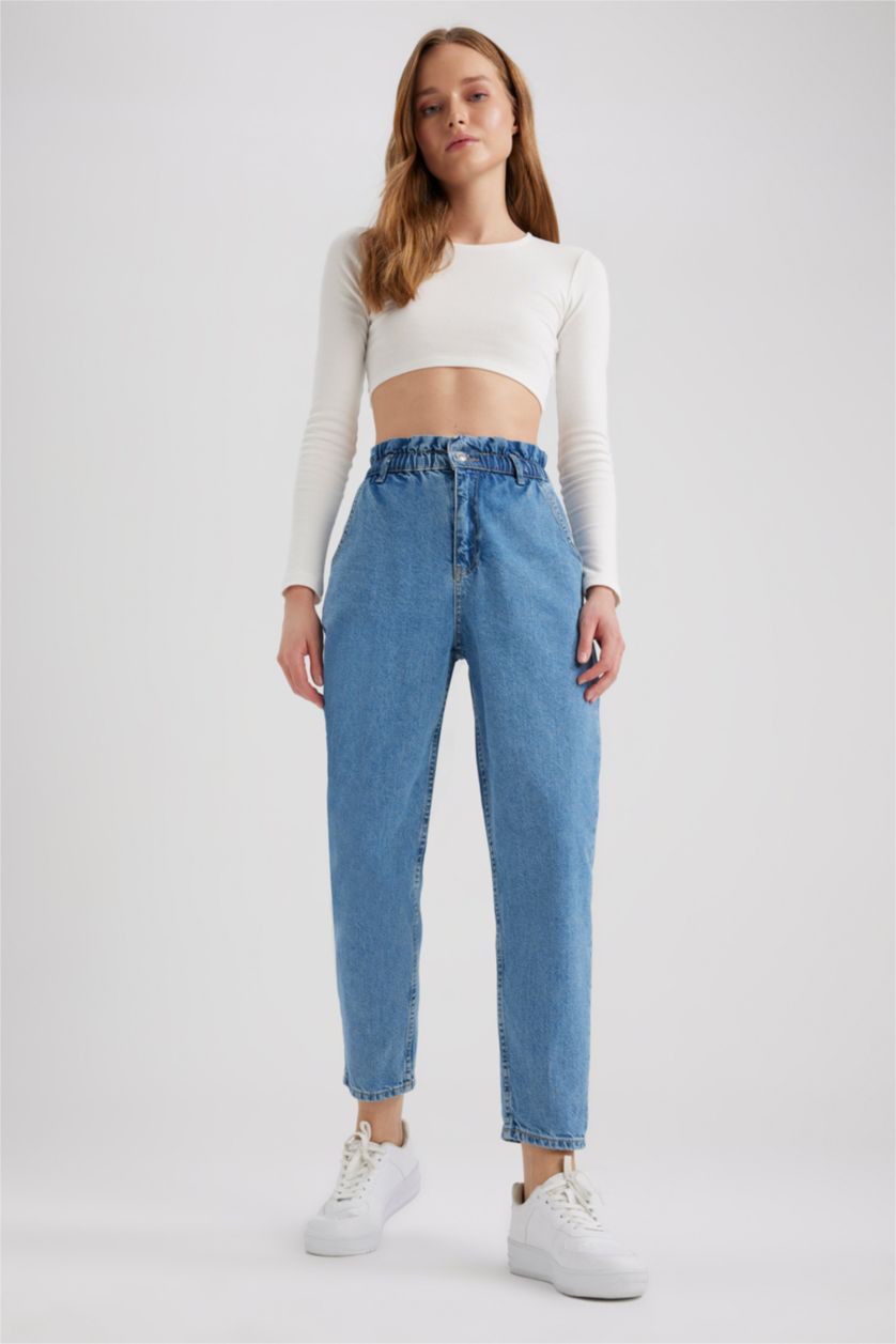 WOMAN Blue Paperbag Short Leg Jean Crop Fit Cotton Trousers