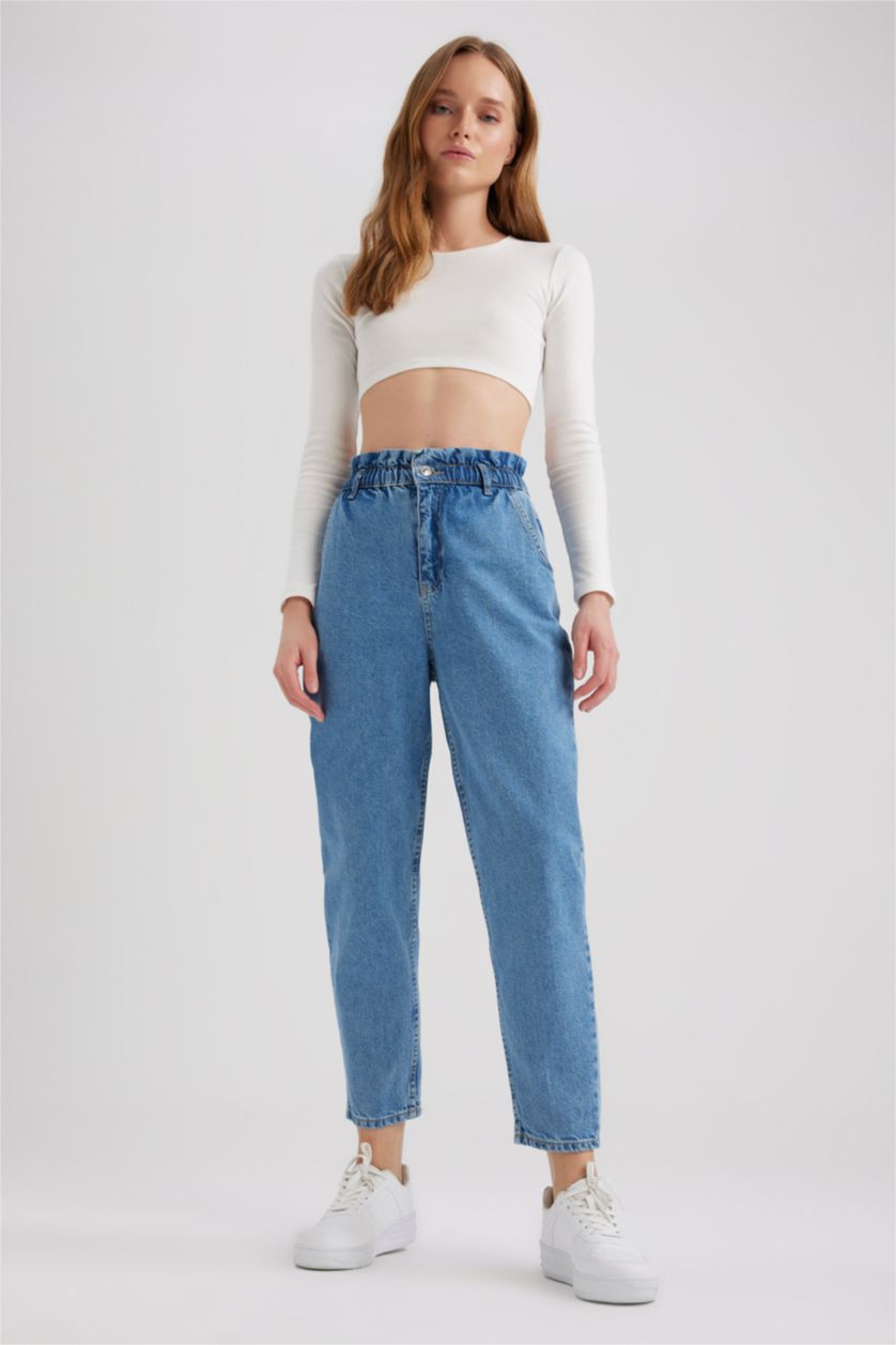 WOMAN Blue Paperbag Short Leg Jean Crop Fit Cotton Trousers