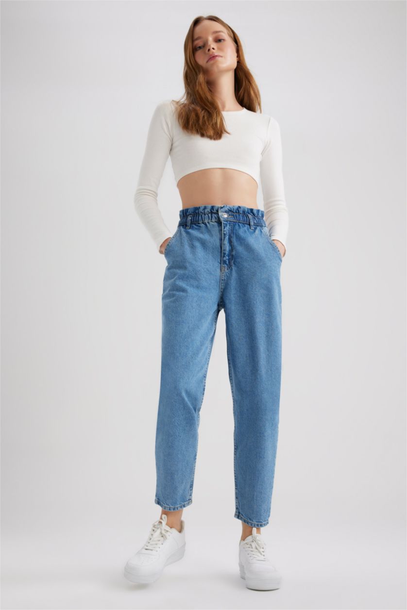 WOMAN Blue Paperbag Short Leg Jean Crop Fit Cotton Trousers