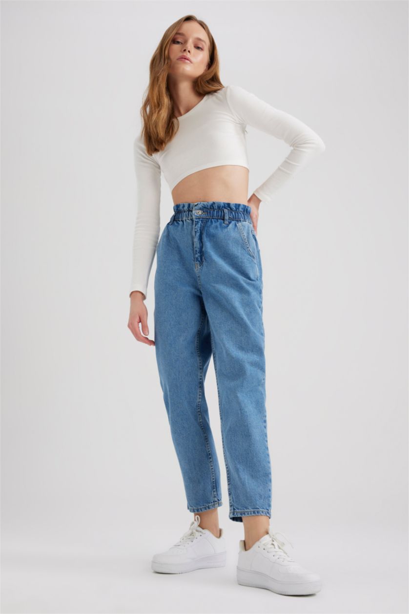 WOMAN Blue Paperbag Short Leg Jean Crop Fit Cotton Trousers