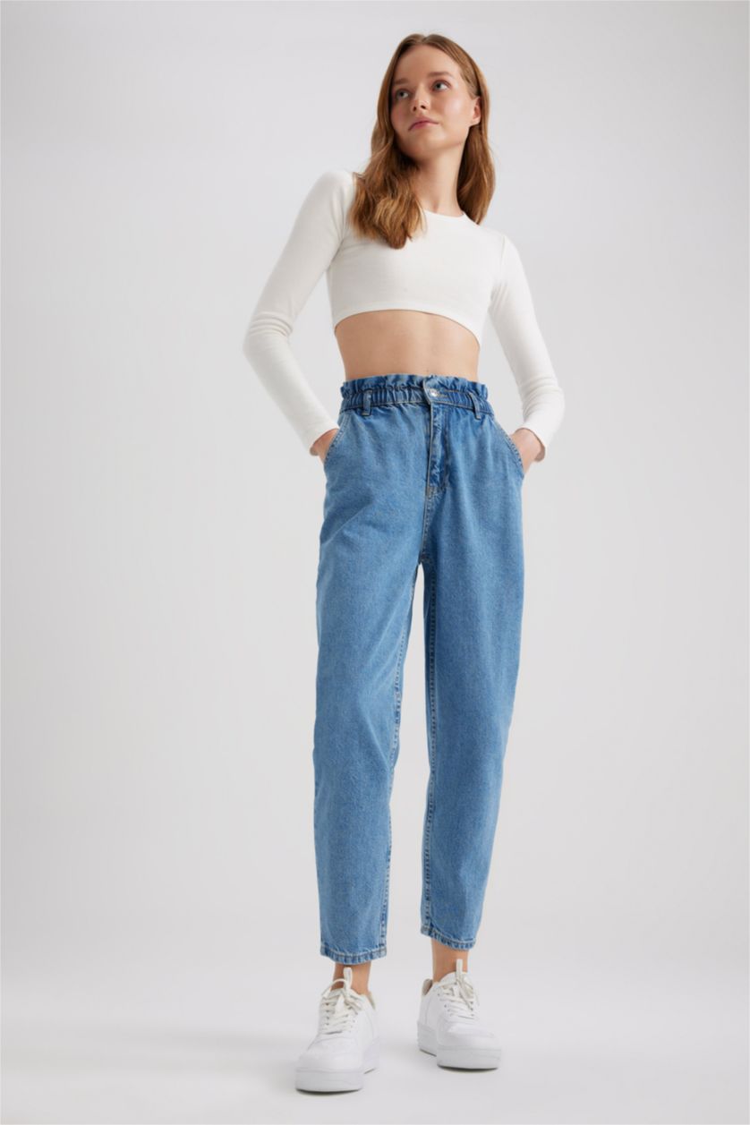WOMAN Blue Paperbag Short Leg Jean Crop Fit Cotton Trousers