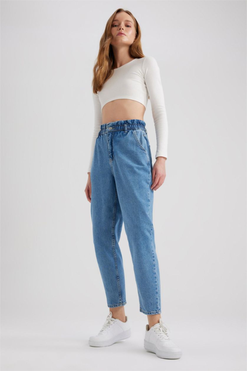 WOMAN Blue Paperbag Short Leg Jean Crop Fit Cotton Trousers