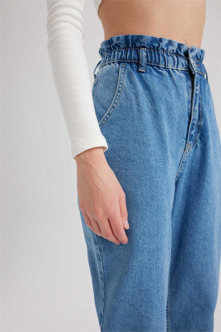 WOMAN Blue Paperbag Short Leg Jean Crop Fit Cotton Trousers