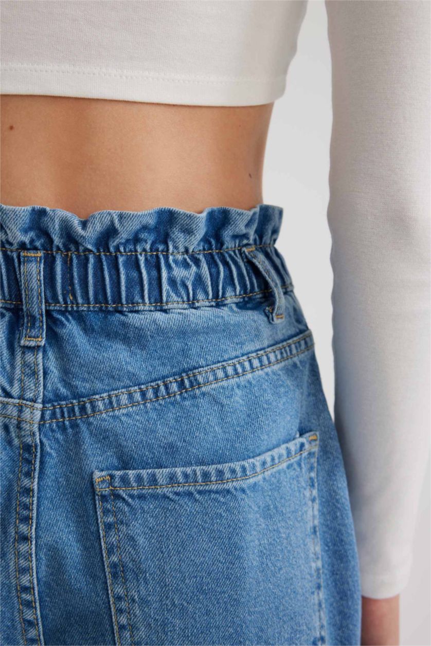 WOMAN Blue Paperbag Short Leg Jean Crop Fit Cotton Trousers