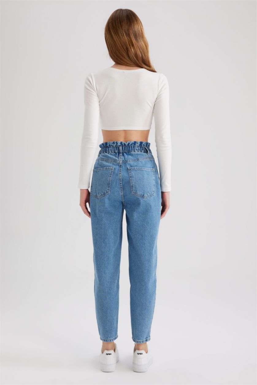 WOMAN Blue Paperbag Short Leg Jean Crop Fit Cotton Trousers