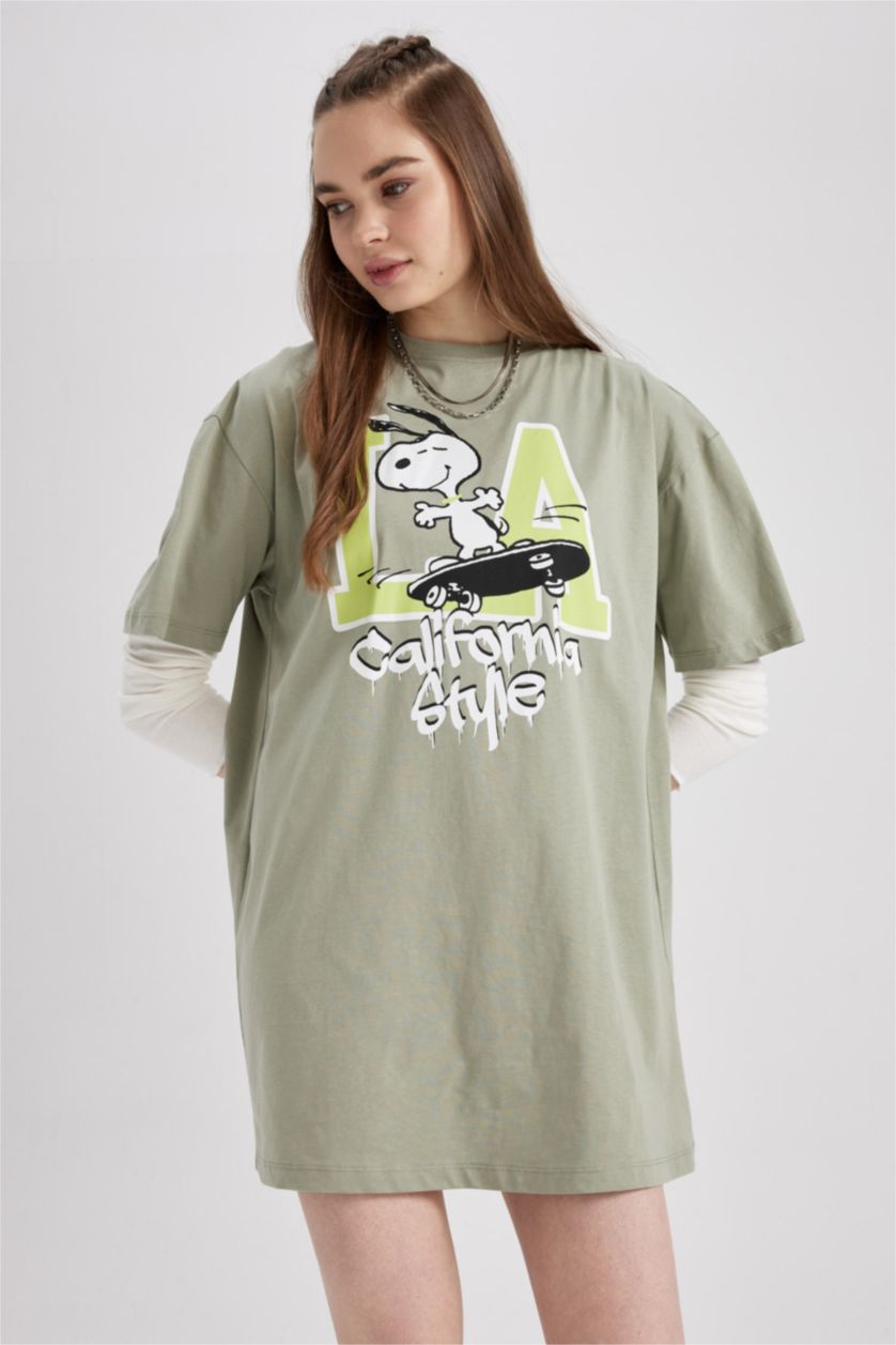 WOMAN Green Coool Snoopy Oversize Fit Combed Cotton Mini Short Sleeve Dress