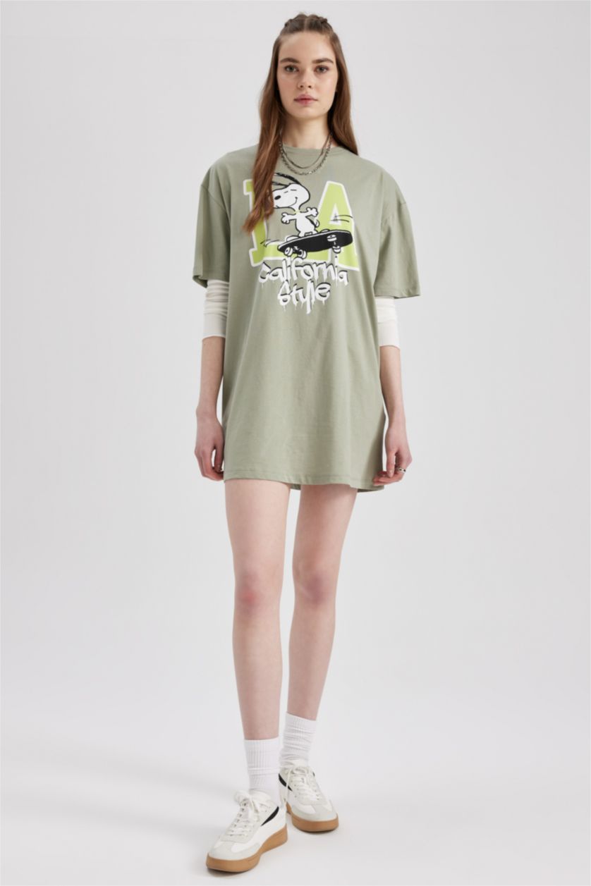 WOMAN Green Coool Snoopy Oversize Fit Combed Cotton Mini Short Sleeve Dress