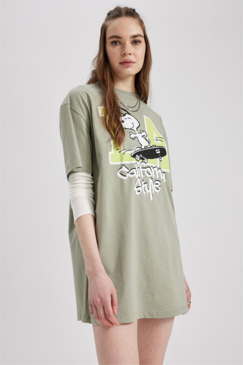 WOMAN Green Coool Snoopy Oversize Fit Combed Cotton Mini Short Sleeve Dress