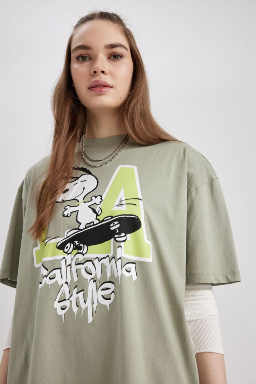 WOMAN Green Coool Snoopy Oversize Fit Combed Cotton Mini Short Sleeve Dress