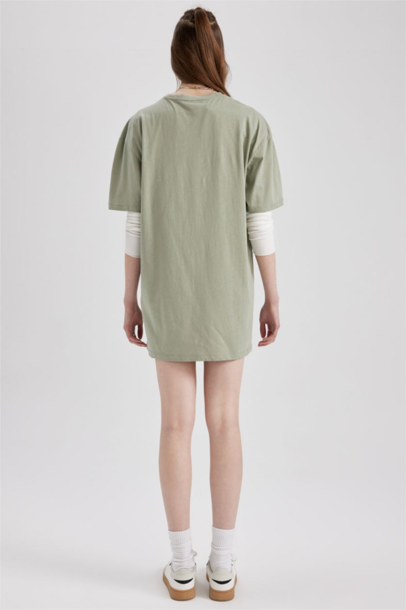 WOMAN Green Coool Snoopy Oversize Fit Combed Cotton Mini Short Sleeve Dress