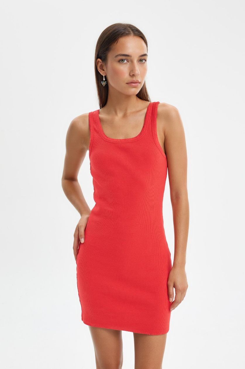 Kadın Kırmızı Coool Bodycon Vücudu Saran Basic Düz Fitilli Kaşkorse Kolsuz Mini Kırmızı Elbise