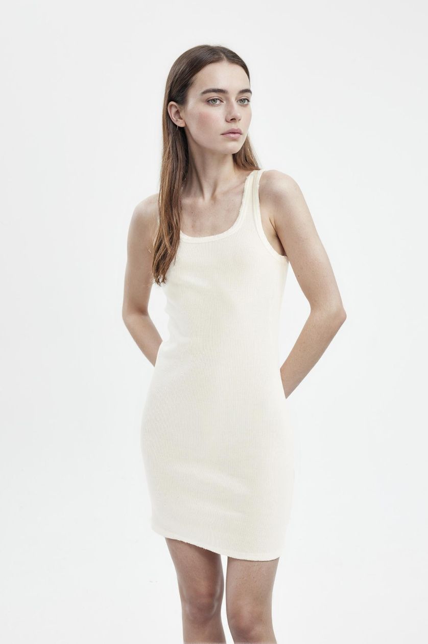 Kadın Kırık Beyaz Coool Bodycon Vücudu Saran Basic Düz Fitilli Kaşkorse Kolsuz Mini Beyaz Elbise