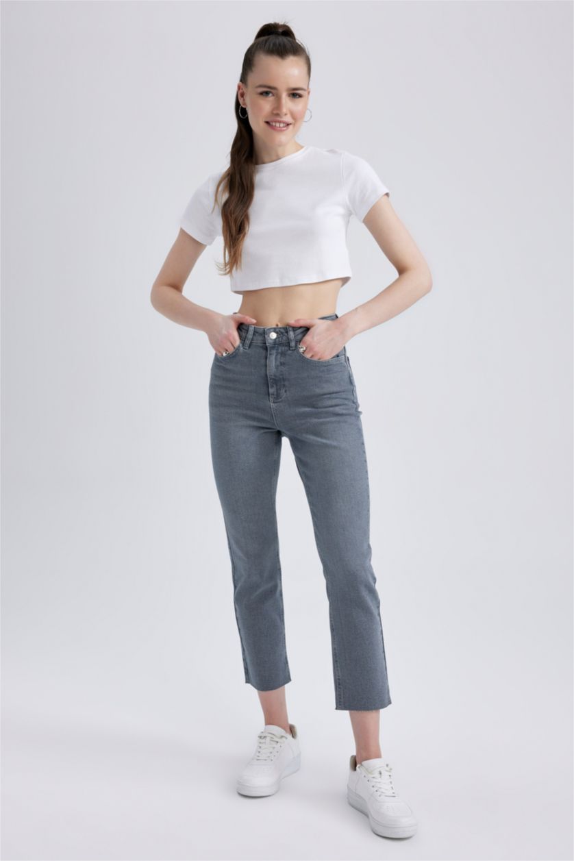 WOMAN Grey Mary Straight Fit High Waist Cropped Cut High Leg Jeans