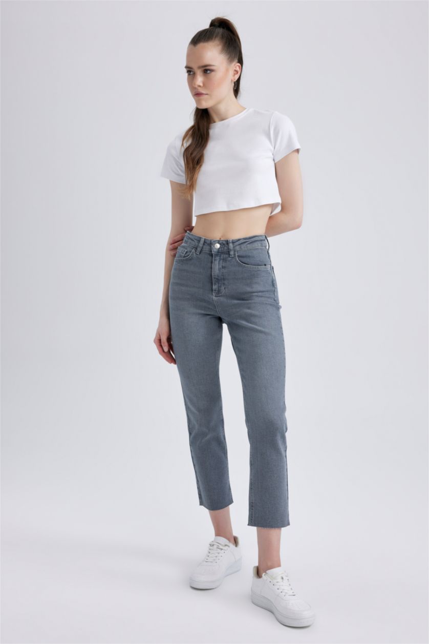 WOMAN Grey Mary Straight Fit High Waist Cropped Cut High Leg Jeans