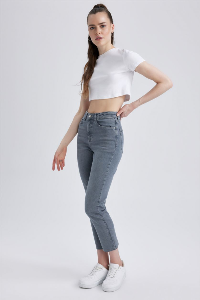 WOMAN Grey Mary Straight Fit High Waist Cropped Cut High Leg Jeans