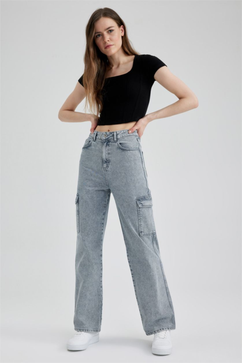 FEMME BLEU Clair Taille haute Cargo jambes larges