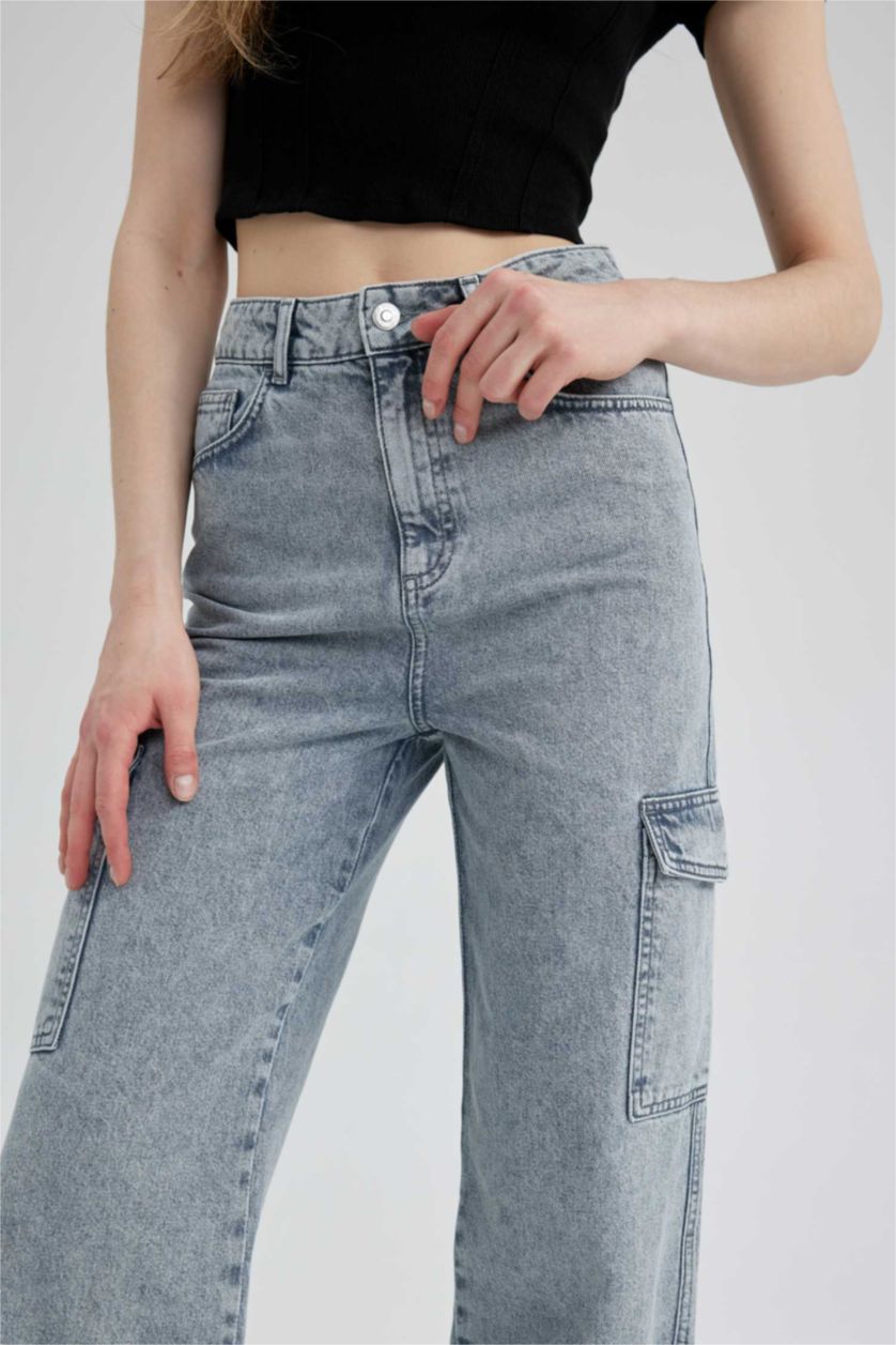 FEMME BLEU Clair Taille haute Cargo jambes larges