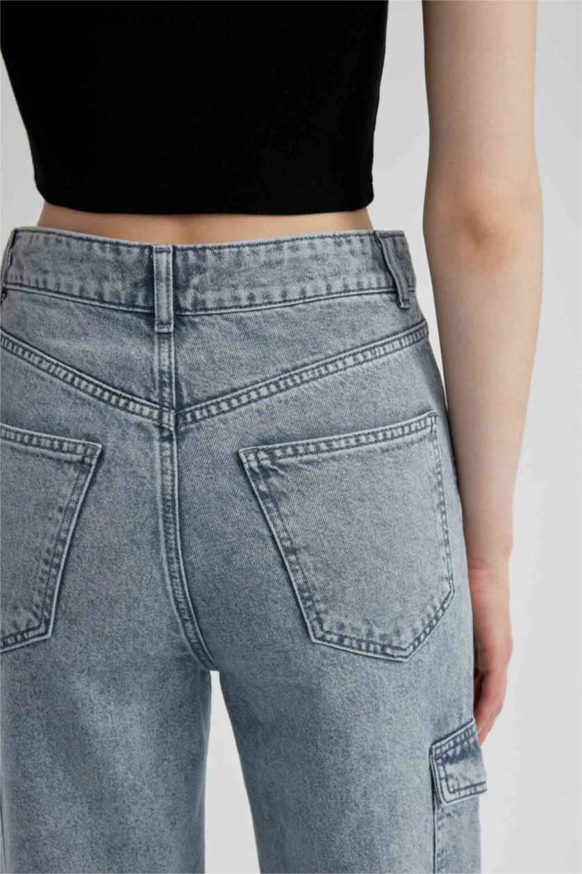 FEMME BLEU Clair Taille haute Cargo jambes larges