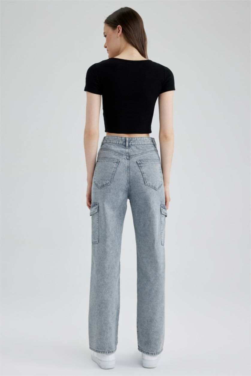 FEMME BLEU Clair Taille haute Cargo jambes larges