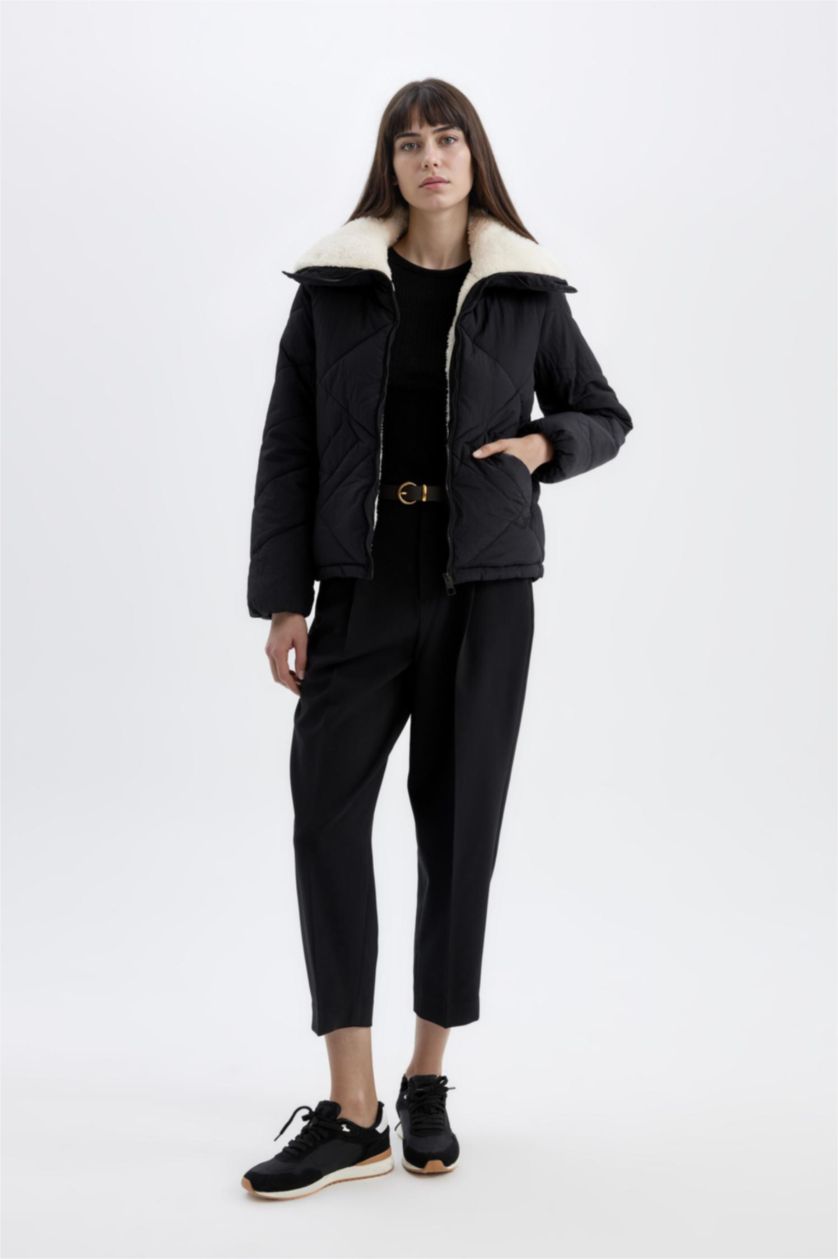 Kadın Siyah Su Geçirmez Puffer Şişme Mont  Kapitoneli İçi Suni Kürklü Rüzgar Geçirmez Cepli