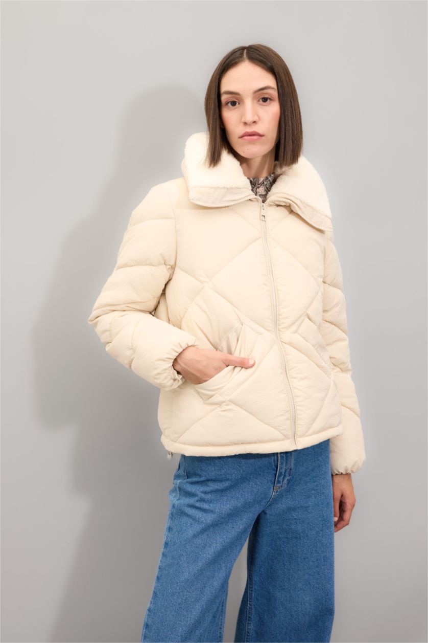 WOMAN Ecru Waterproof Regular Fit Lined Puffer Jacket