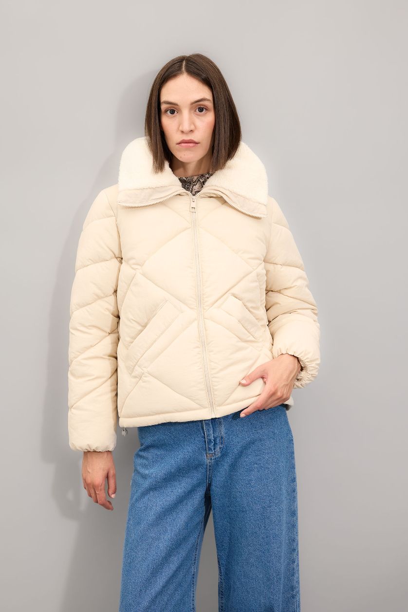WOMAN Ecru Waterproof Regular Fit Lined Puffer Jacket