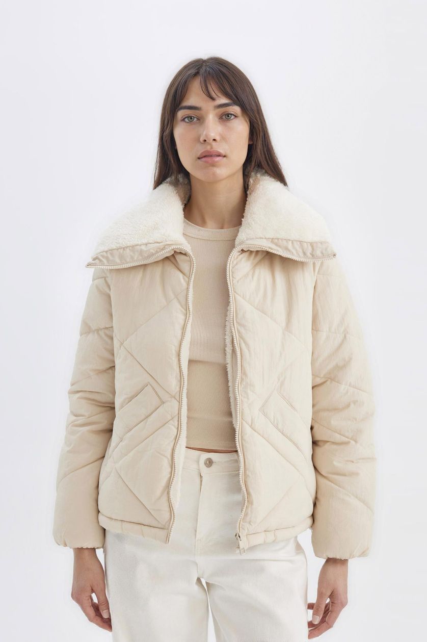 WOMAN Ecru Waterproof Regular Fit Lined Puffer Jacket