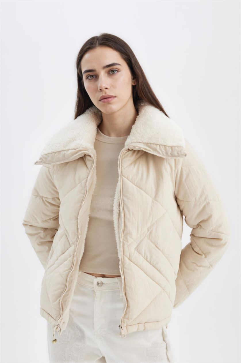 WOMAN Ecru Waterproof Regular Fit Lined Puffer Jacket