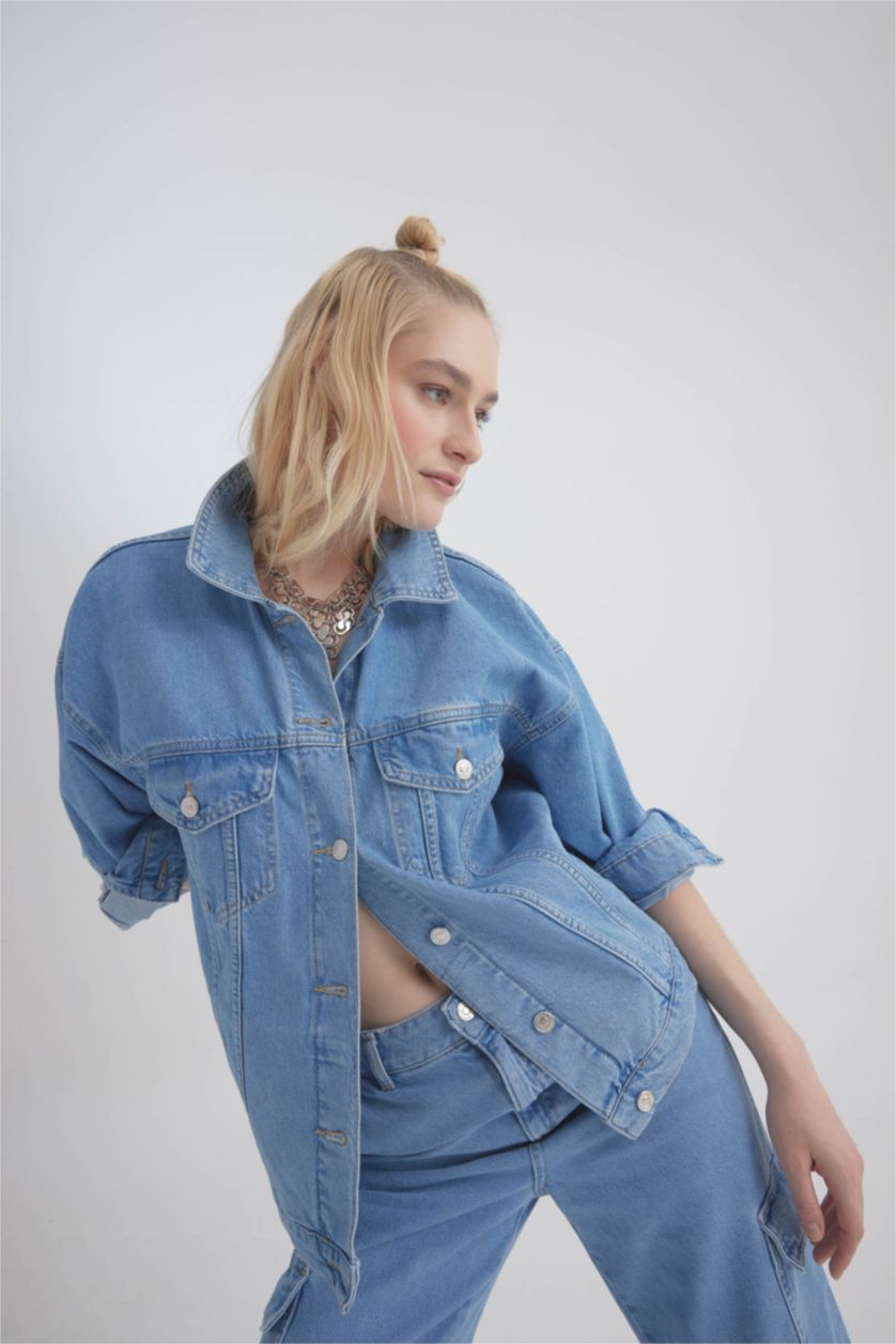 WOMAN Blue Oversize Fit Pocketed Cotton Denim Jacket