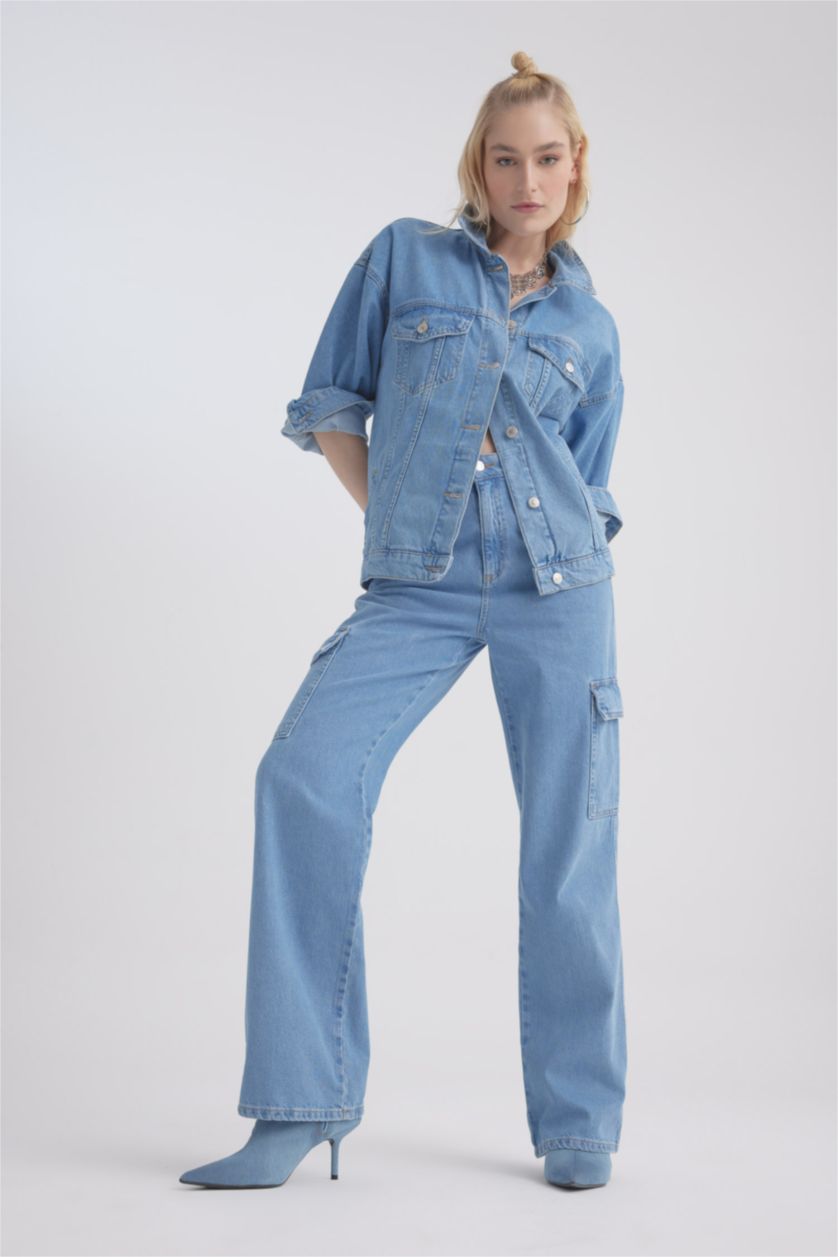 WOMAN Blue Oversize Fit Pocketed Cotton Denim Jacket