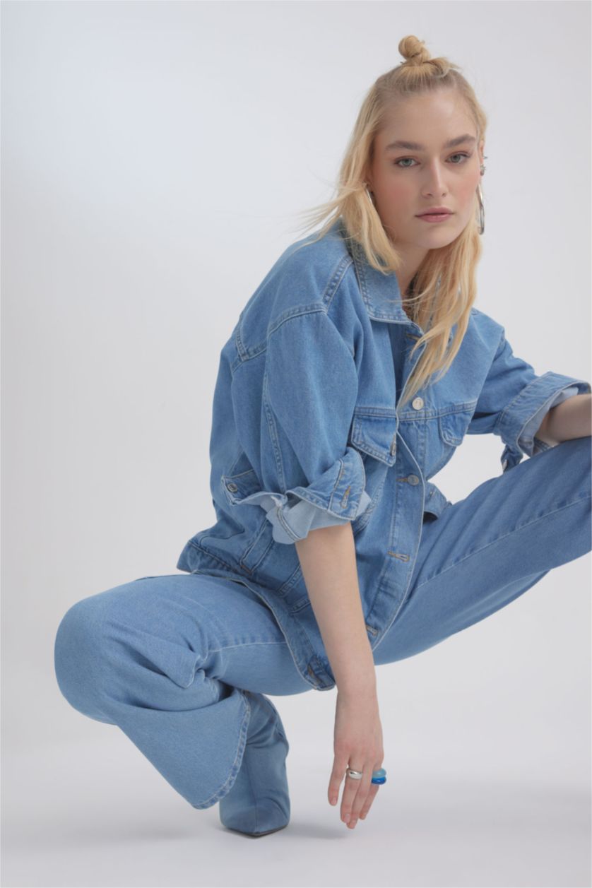 WOMAN Blue Oversize Fit Pocketed Cotton Denim Jacket