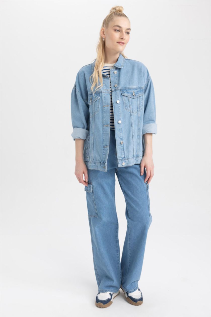 WOMAN Blue Oversize Fit Pocketed Cotton Denim Jacket