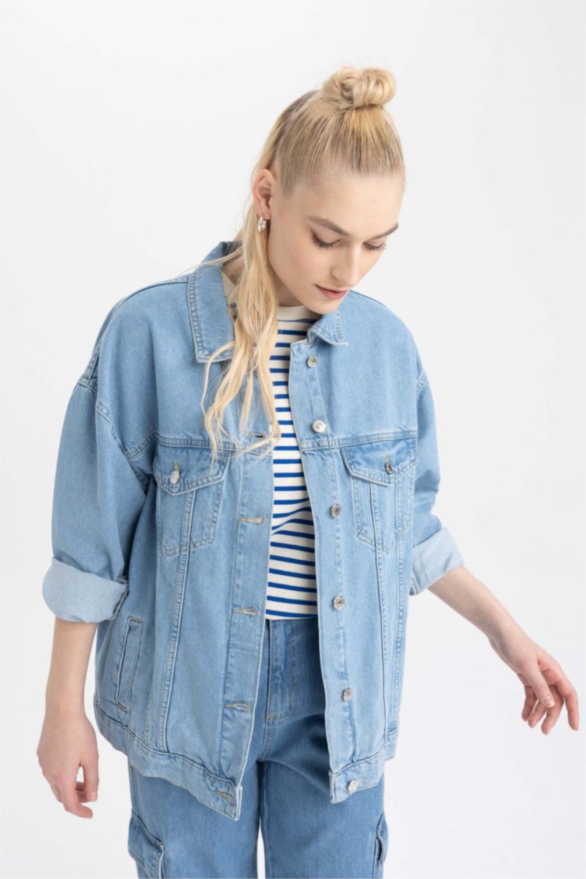 WOMAN Blue Oversize Fit Pocketed Cotton Denim Jacket