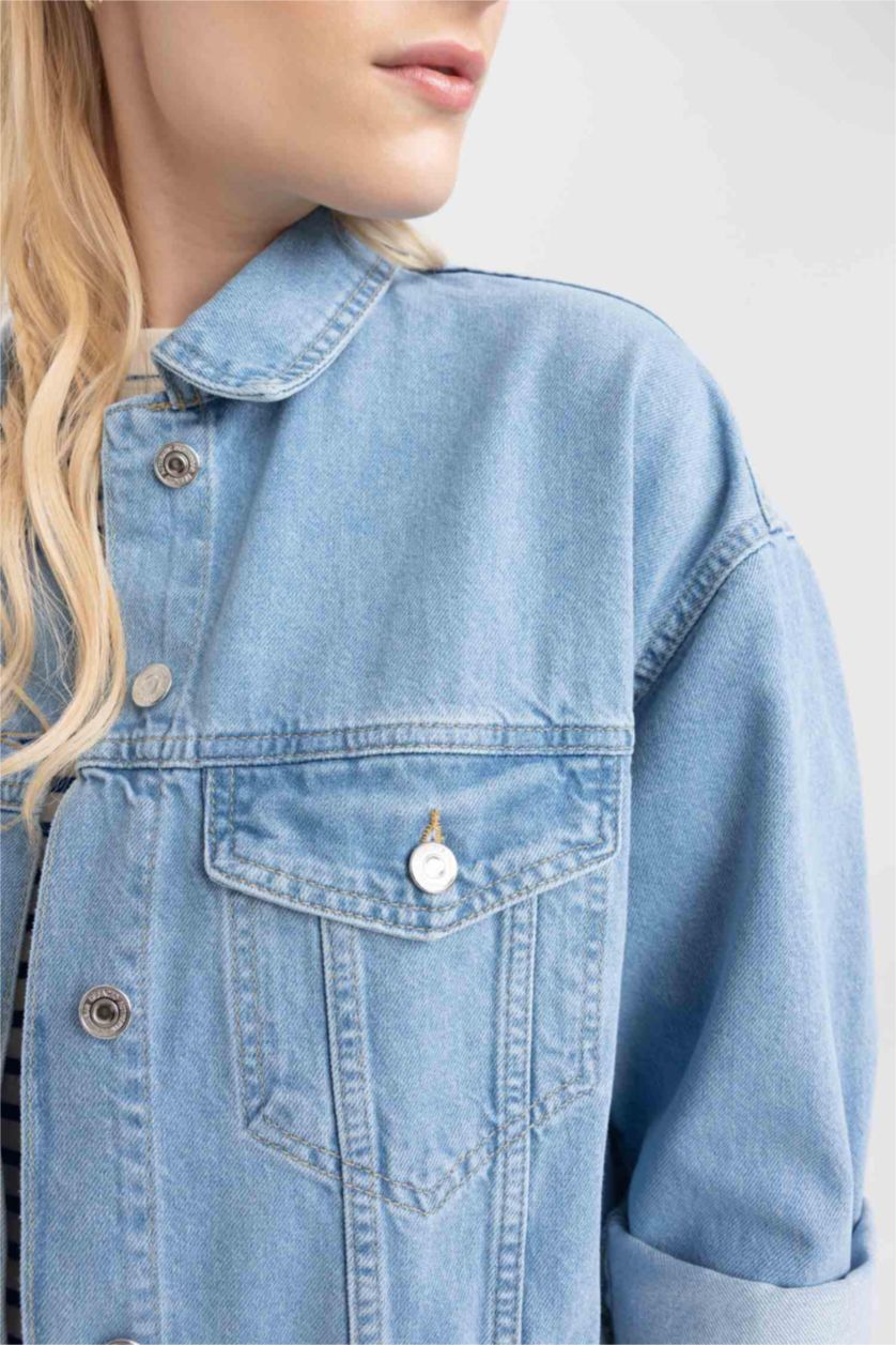WOMAN Blue Oversize Fit Pocketed Cotton Denim Jacket