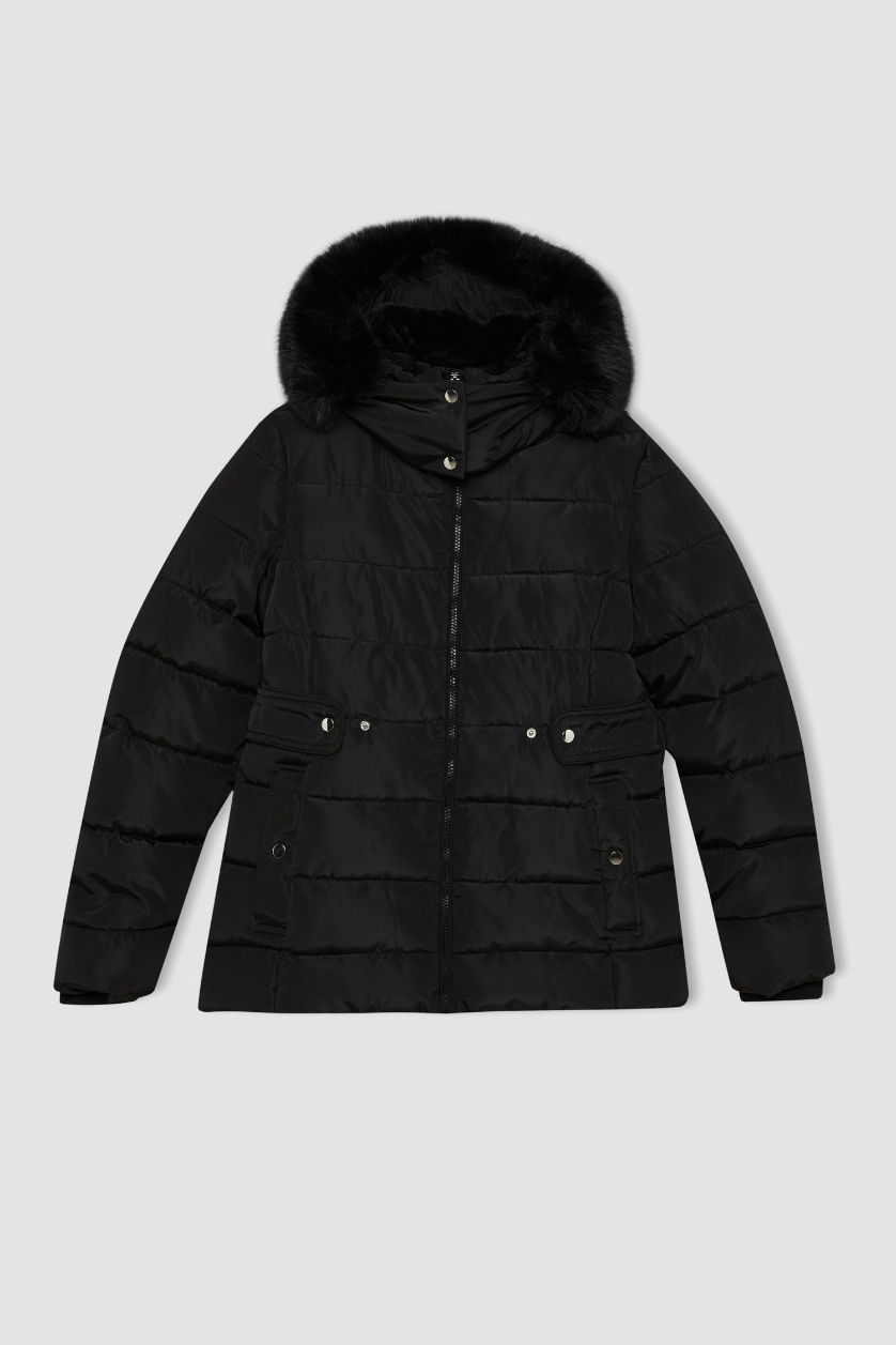 Kadın Siyah Su Geçirmez Hafif Uzun Şişme Mont Çıkarılabilir Suni Kürk Kapüşonlu Kapitoneli Fermuar Çıtçıtlı Cepli