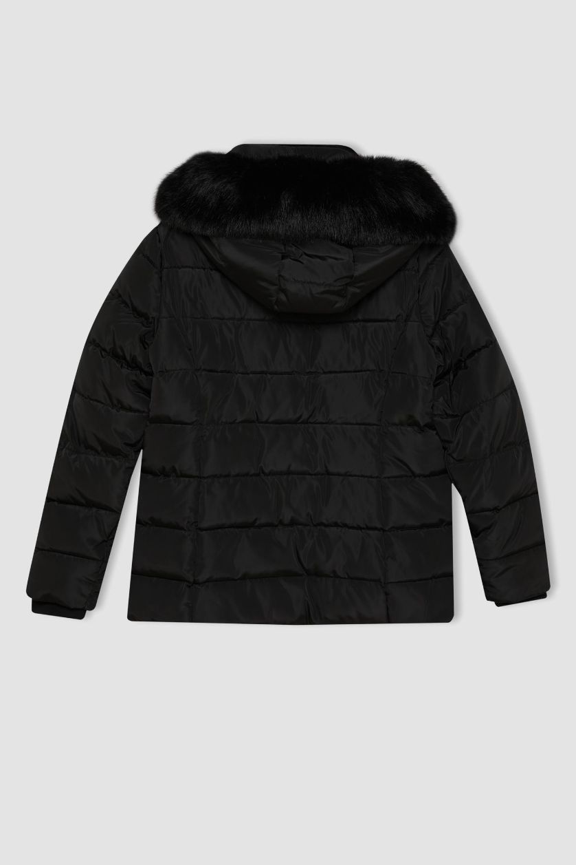 Kadın Siyah Su Geçirmez Hafif Uzun Şişme Mont Çıkarılabilir Suni Kürk Kapüşonlu Kapitoneli Fermuar Çıtçıtlı Cepli