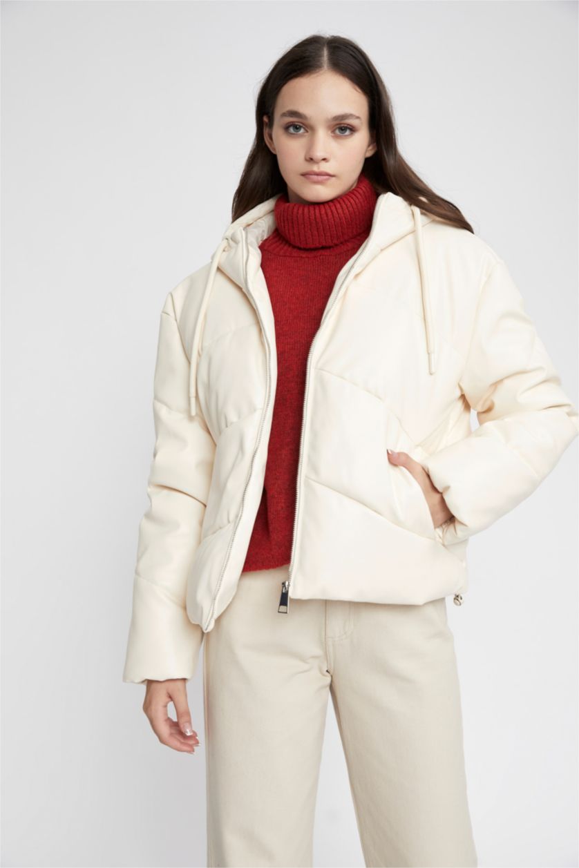 نساء حجري فاتح قمصلة جلد صناعي قصة عادية بغطاء للرأس مقاوم للماء