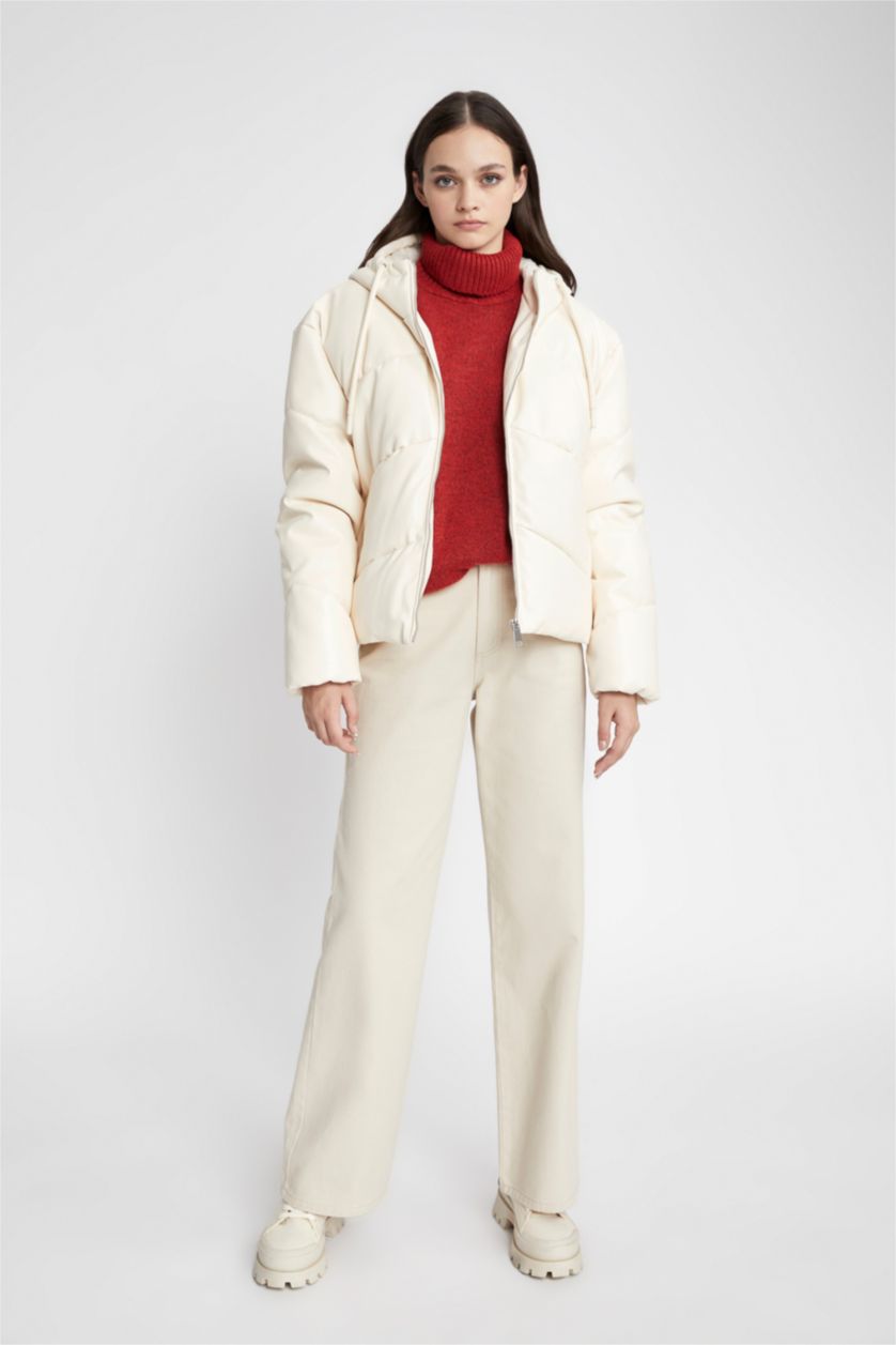 نساء حجري فاتح قمصلة جلد صناعي قصة عادية بغطاء للرأس مقاوم للماء