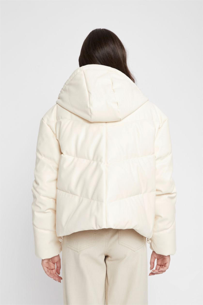 نساء حجري فاتح قمصلة جلد صناعي قصة عادية بغطاء للرأس مقاوم للماء