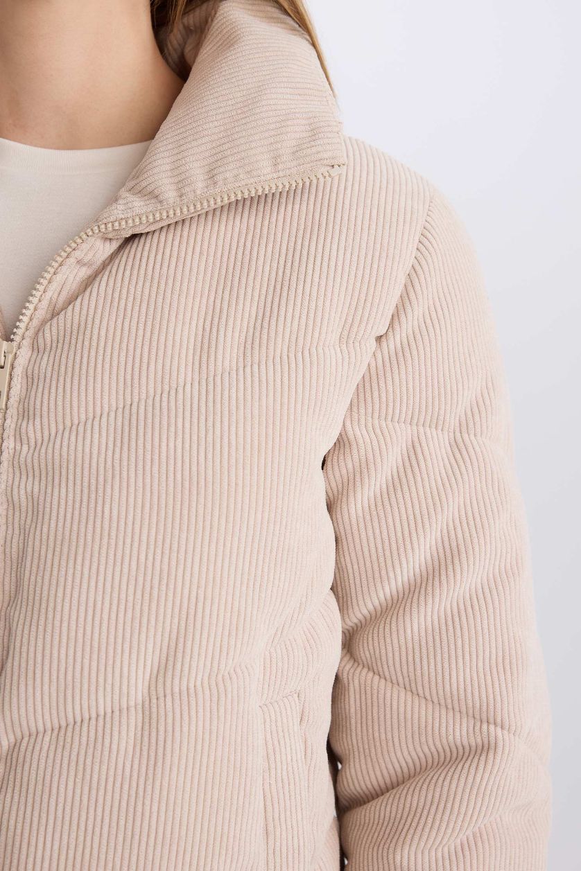 Kadın Kum Su İtici Regular Kalıp Dik Yaka Cep İçi Polarlı Fermuar Kapamalı Cepli Kadife Mont