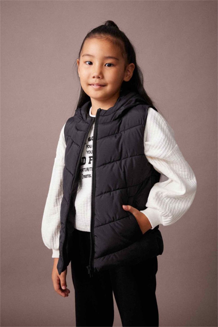 GIRLS & TEENS Black Girl Water Repellent Hooded Puffer Vest
