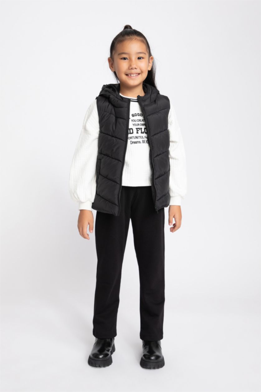 GIRLS & TEENS Black Girl Water Repellent Hooded Puffer Vest