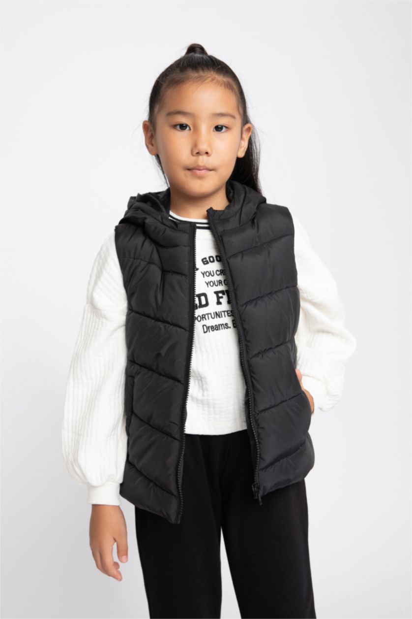 GIRLS & TEENS Black Girl Water Repellent Hooded Puffer Vest