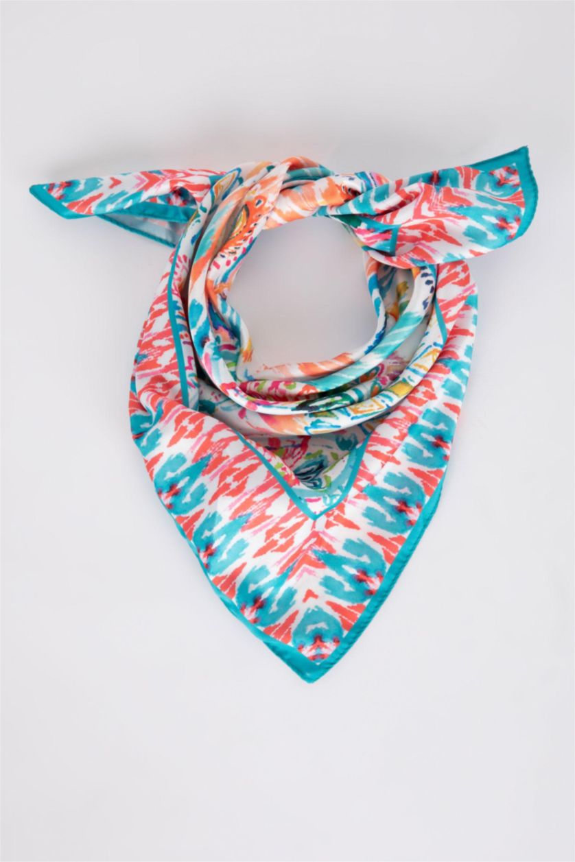 Kadın Açık Mavi Kadın Desenli Saten Fular