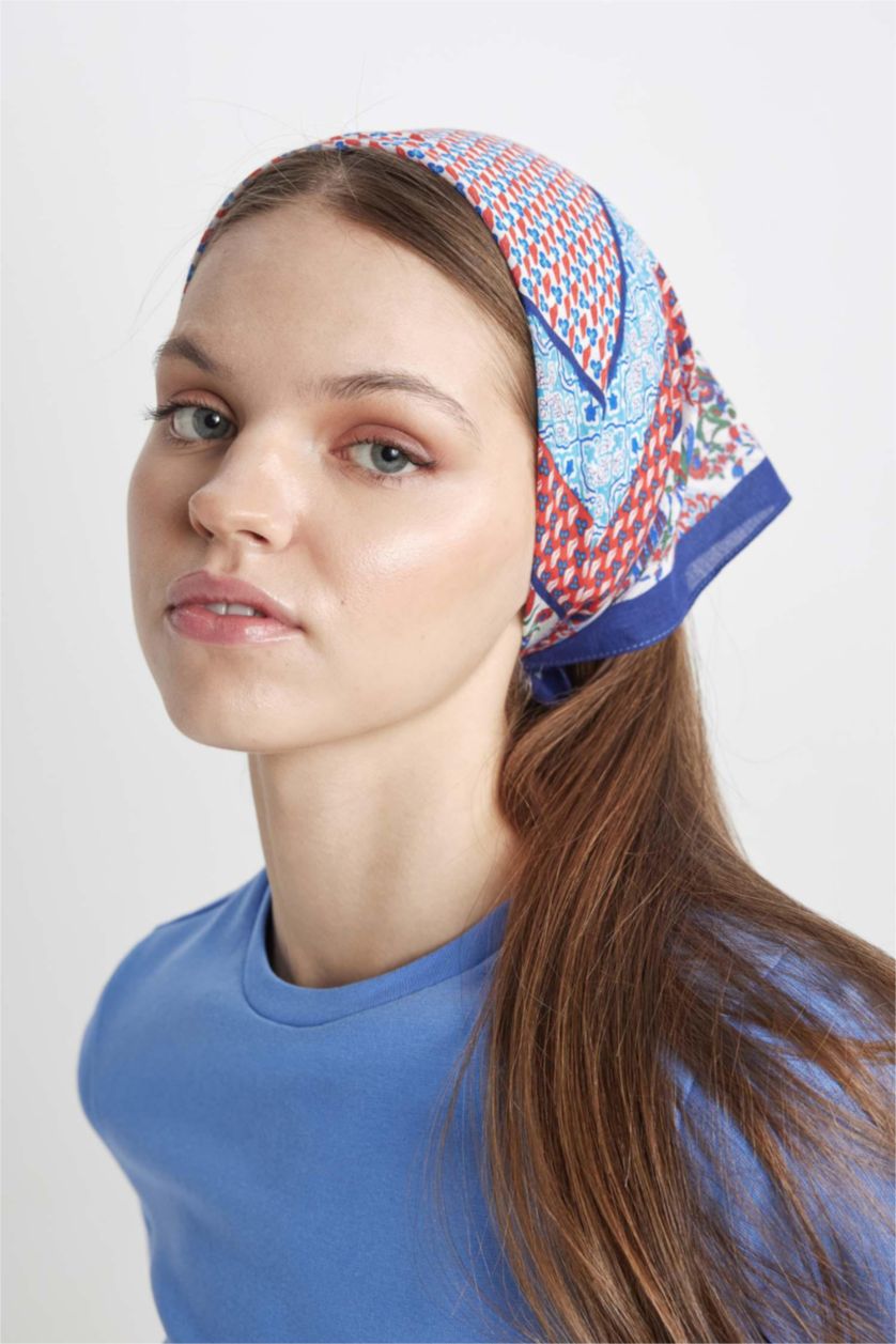 Kadın Açık Mavi Kadın Desenli Pamuklu Bandana