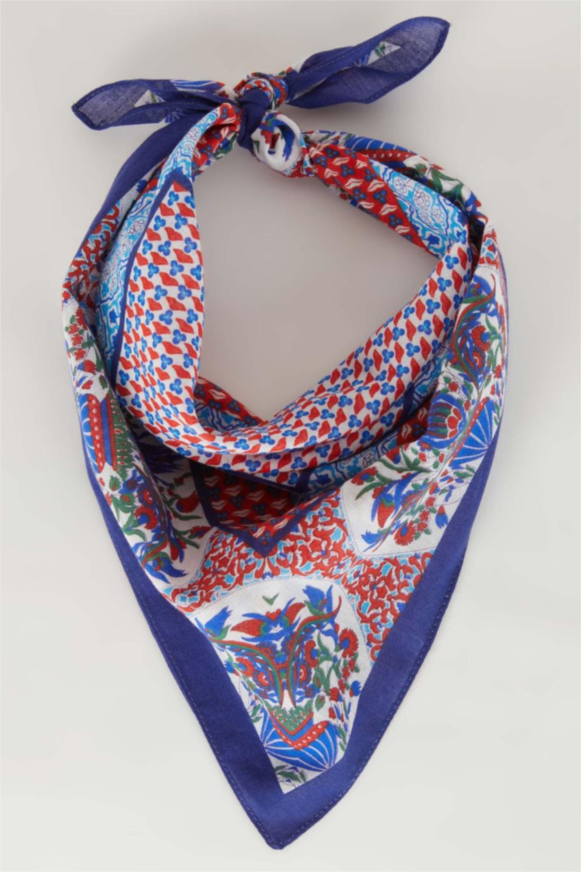 Kadın Açık Mavi Kadın Desenli Pamuklu Bandana