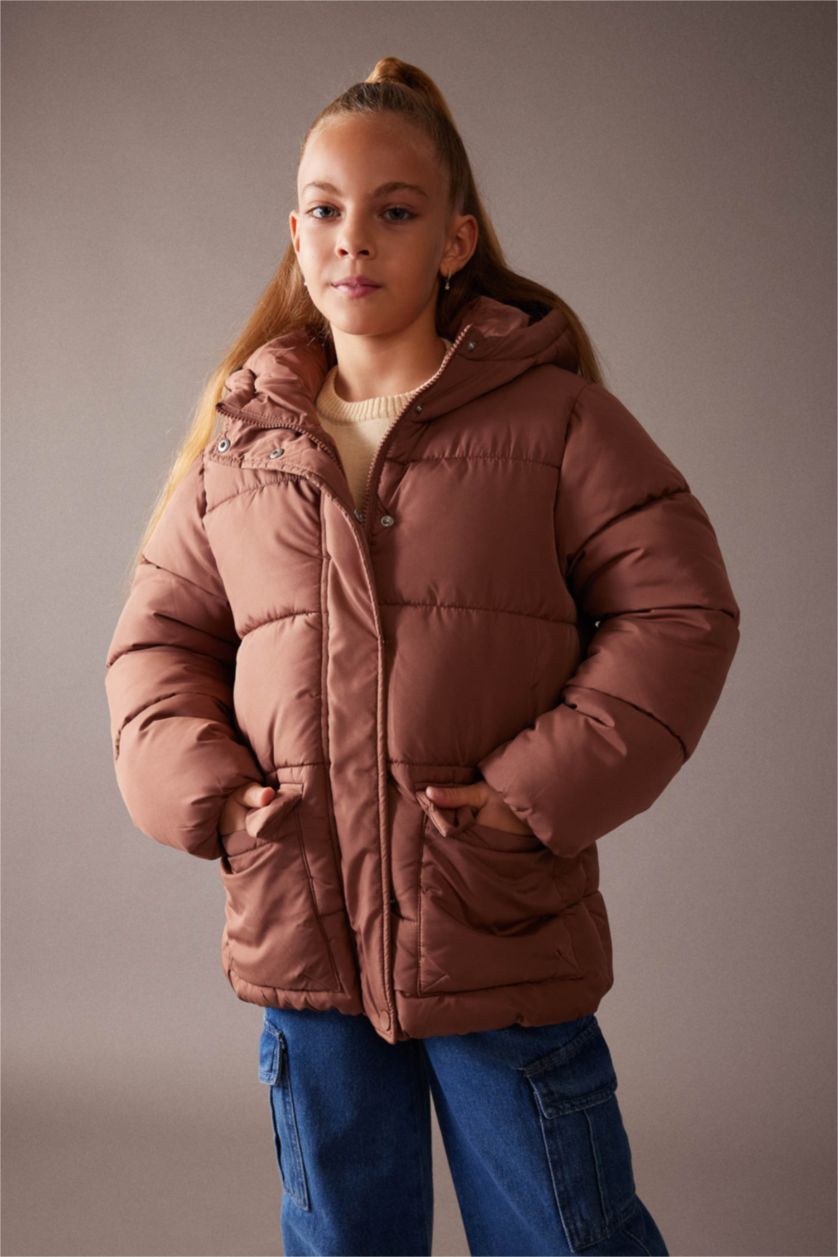 Girls & Teens Light Brown Girl Waterproof Hooded Fleece Lined Puffer Jacket